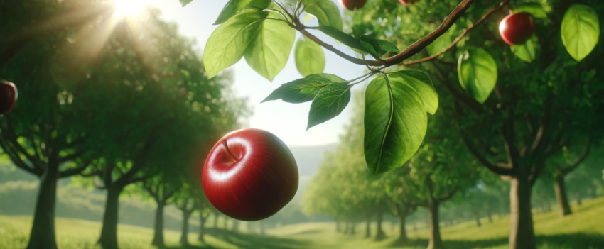 mage of a ripe red apple falling from a tree branch, capturing the motion amidst a serene orchard backdrop.