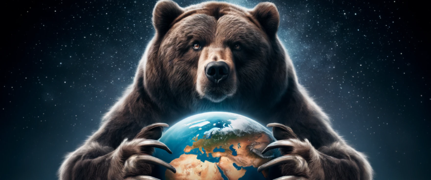 image of a bear grasping the world, set against a starry night sky.