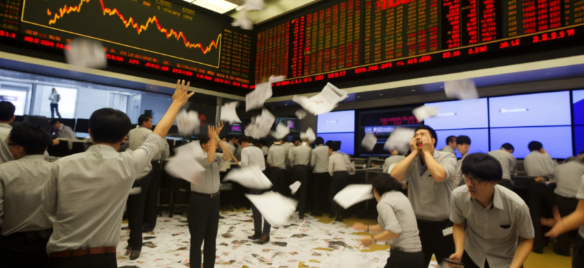 chaotic scene at the stock exchange with traders throwing papers into the air as prices free fall.