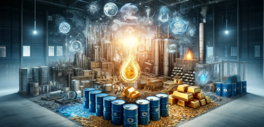 image depicting various energy commodities such as oil barrels, gold, silver, heating oil, and natural gas set in an industrial warehouse.