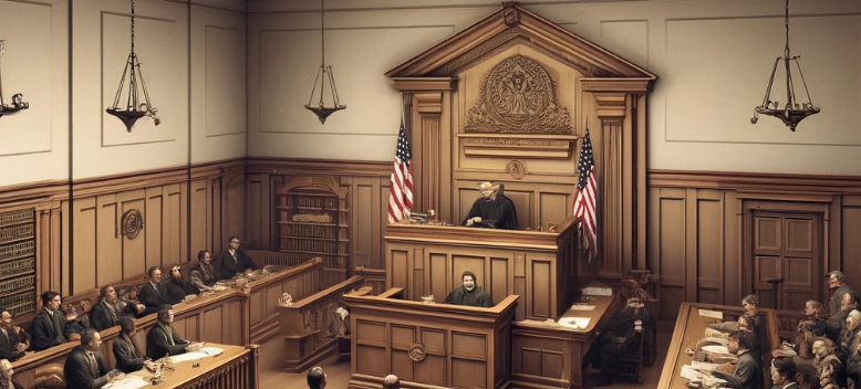 image depicting the inside of a New York courtroom during a court session.