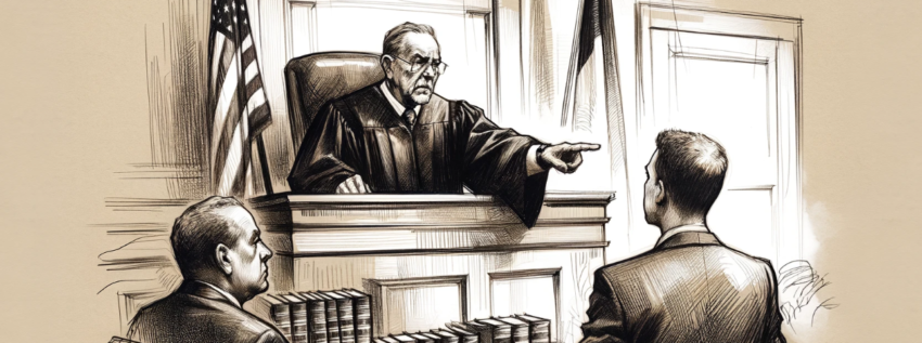 A sketch artist's drawing of a courtroom scene.