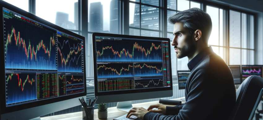 image of a day trader in front of a computer with multiple screens displaying stock market charts and data.