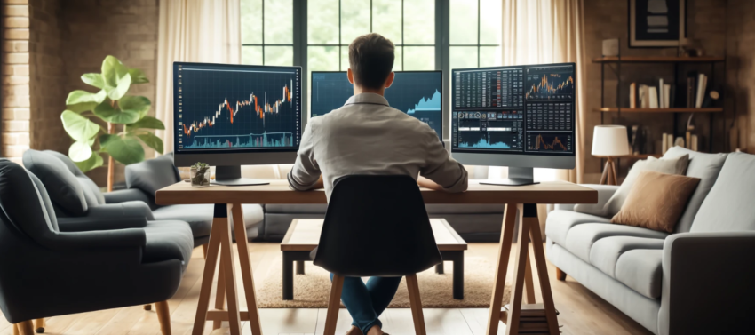 A day trader sitting at a desk in a cozy living room, focused on three computer monitors displaying stock charts and financial data.