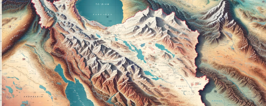 A detailed geographical map of Iran without any letters or labels. The map shows major geographical features including mountain ranges, deserts, and bodies of water.