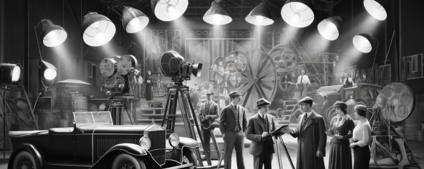 image depicting a Hollywood film studio in the 1930s, created in black and white to capture the essence of that era.