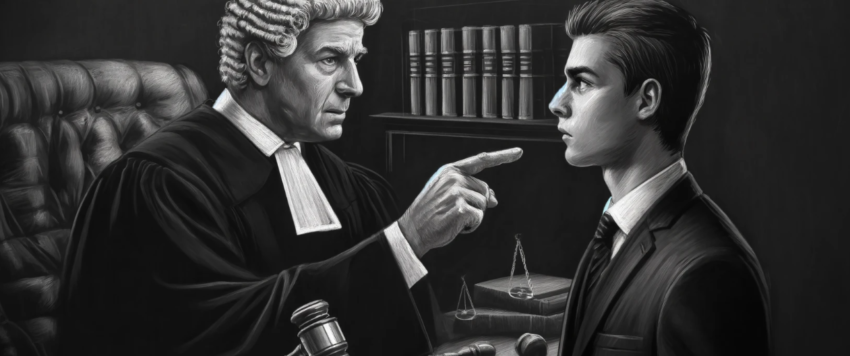 chalk drawing depicting a scene in a courtroom, with a judge pointing at a defendant.