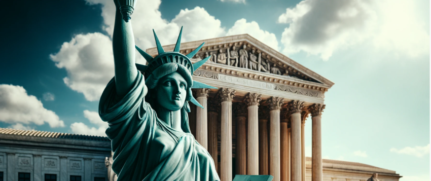 image of Lady Liberty in front of the Supreme Court.