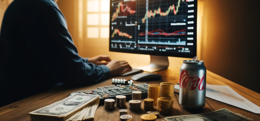 image of the day trader sitting at his desk with a can of soda, gold coins, dollar bills, and Japanese Yen stacks in front of the monitor