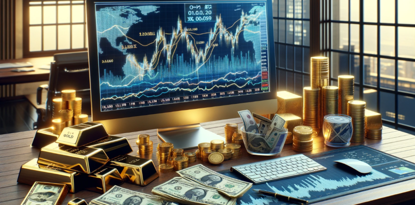 image of an office desk with various financial symbols, including gold bars, stock certificates, Japanese yen, and US dollar bills, prominently displayed in front of a computer screen showing market charts.