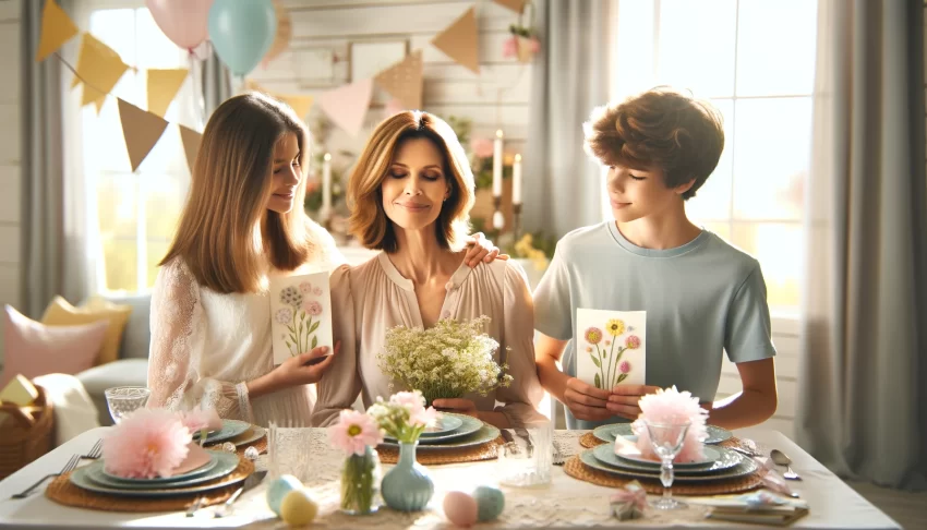 heartwarming scene in a bright and airy home setting during a Mother's Day celebration. The image features a family of diverse generations gathered around a dining table elegantly set with spring-themed decor.