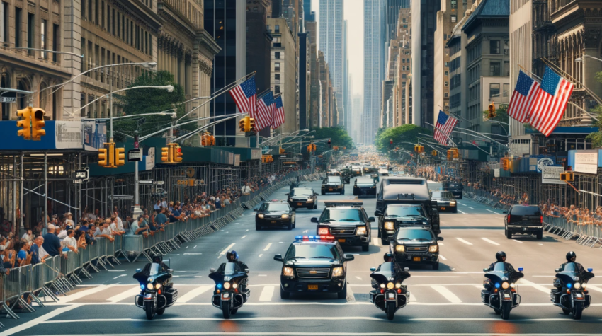 image of police blocking the streets in New York City with a motorcade driving through.