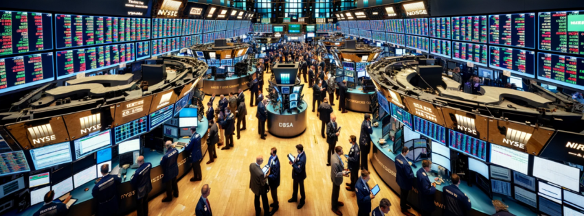 The bustling trading floor of the New York Stock Exchange, filled with busy traders in suits, large digital screens displaying stock prices, and financial information.