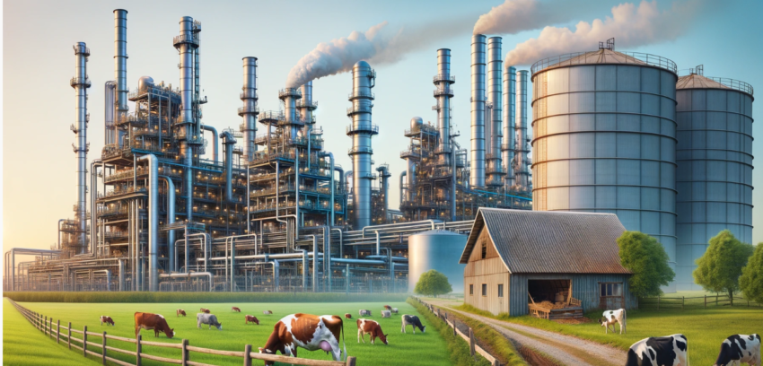 image of an oil refinery next to a cow farm.