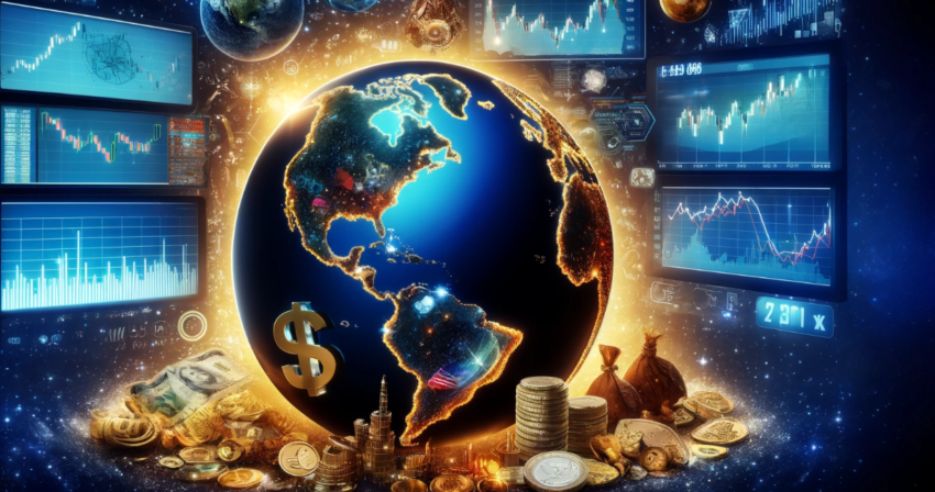 image depicting the world, creatively blended with symbols of markets, currencies, and commodities across different continents.