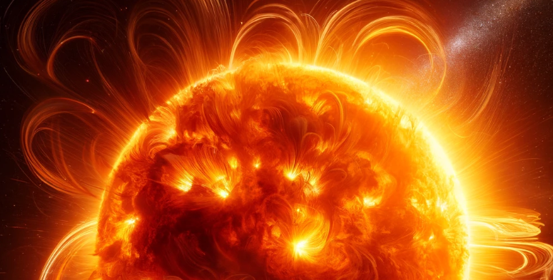 image of a massive solar flare erupting from the sun, showing the intense and dramatic bursts of electromagnetic energy in vivid colors.