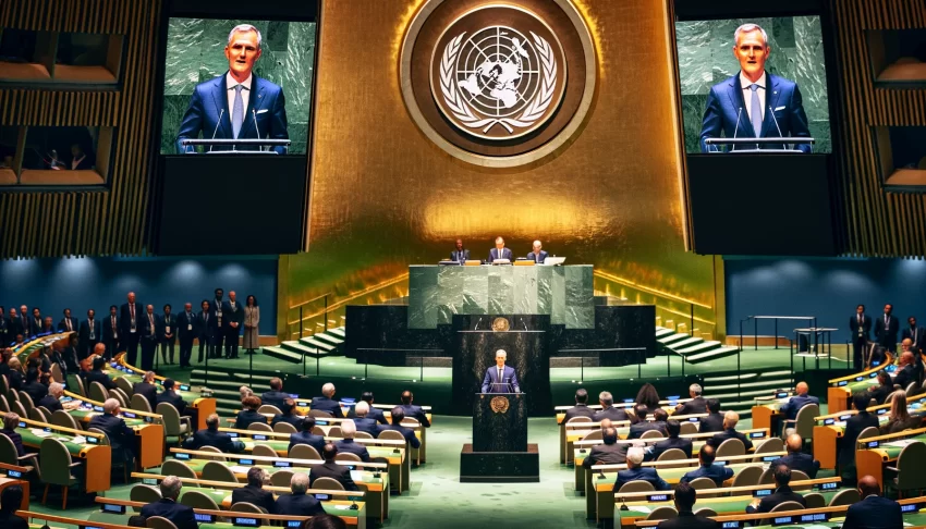 epicting a speaker at the United Nations General Assembly, positioned behind the podium on an elevated stage.