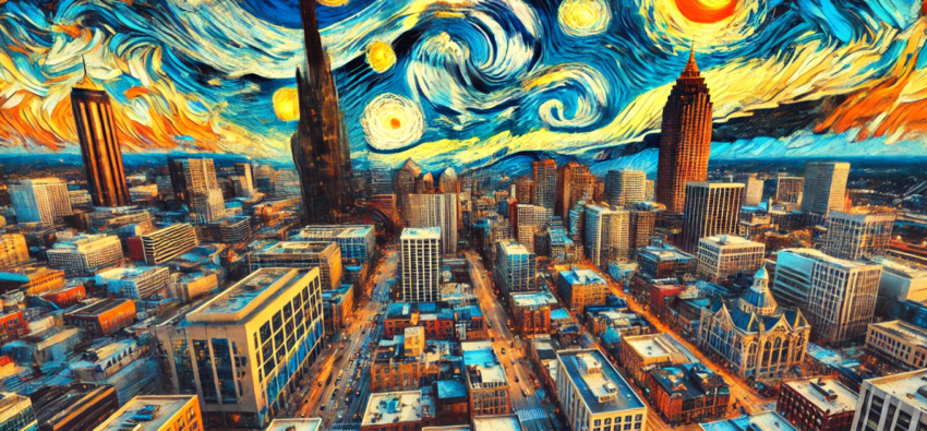 wide format image of downtown Atlanta depicted in the style of a famous painting, capturing the vibrant energy and iconic skyline of the city with bold, dynamic brushstrokes and a striking color palette.