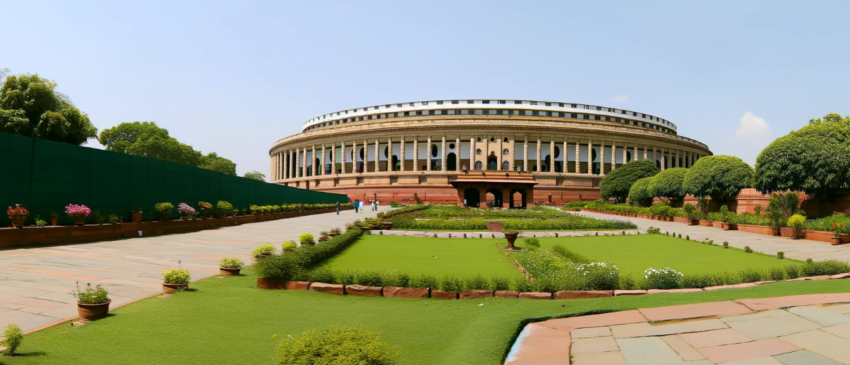 images of the Indian Parliament building without the dome.