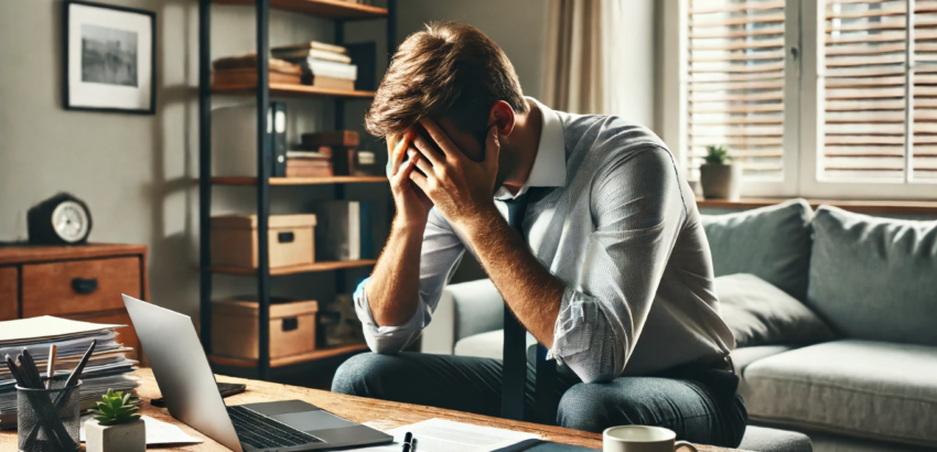 image of a man sitting at his desk with his head in his hands, clearly conveying a sense of stress or overwhelm.