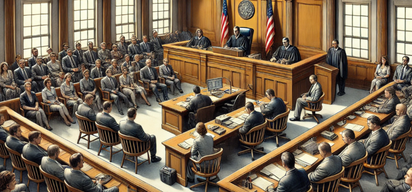 artist's representation of a courtroom, depicting a detailed and realistic scene of the proceedings.