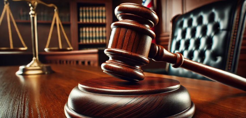 image of a judge's gavel striking the bench, capturing the moment of action and authority in the courtroom.