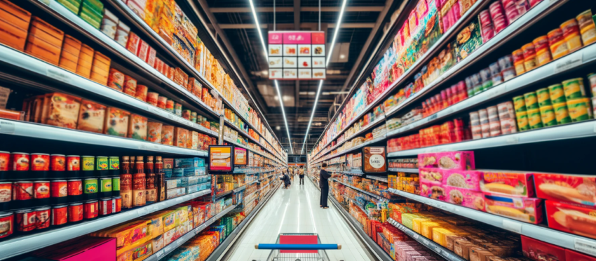 It shows a wide-angle view of a grocery store aisle, brightly lit and stocked with various products.