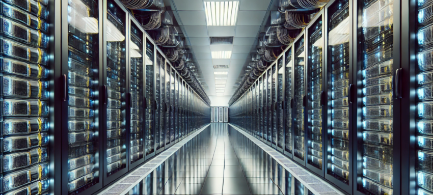 image of rows of rack-mounted computers in a data center, emphasizing the technological complexity and scale of the environment.