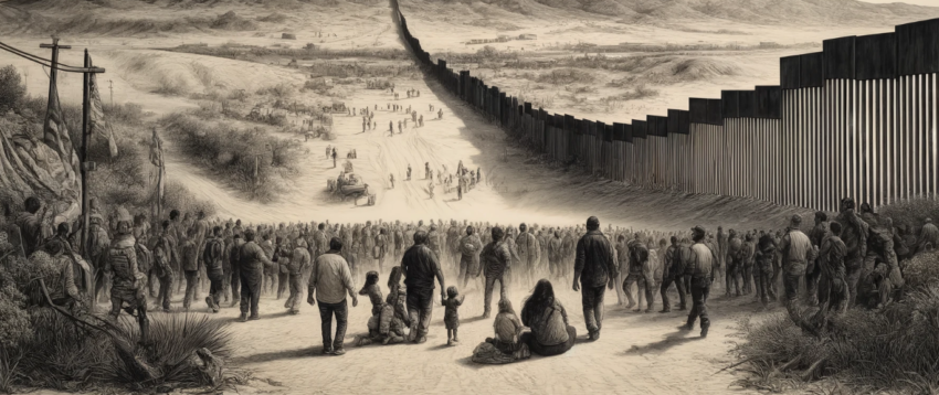 drawing depicting the US-Mexico border with migrants crossing it.