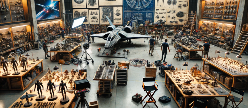 image of a film studio filled with detailed spaceship models, showcasing an active production environment with crew members working on the designs.