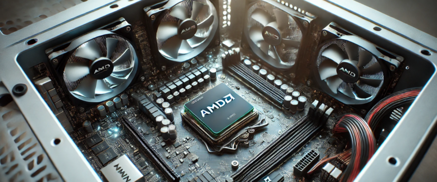 image captures an AMD chip prominently seated on a motherboard within a computer case.