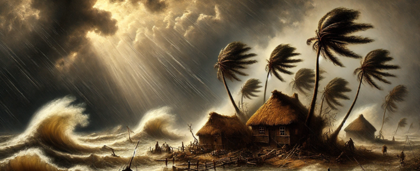 painting of a hurricane hitting a small island. Traditional huts are being battered by wind and rain, with palm trees bending under the storm's force.