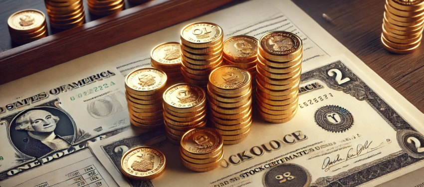 A stack of gold coins and stock certificates