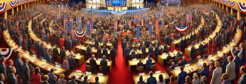 A wide-angle view of a large political convention in a grand hall. The space is filled with delegates, banners, and state flags.