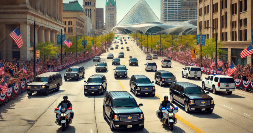 A wide view of a Presidential motorcade in Milwaukee, featuring a convoy of black SUVs and limousines with flashing lights moving through a busy city street. Recognizable landmarks like the Milwaukee Art Museum and Milwaukee City Hall are visible in the background. Crowds line the sidewalks,