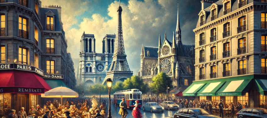 modern-day Paris in the style of Rembrandt. It combines iconic landmarks like the Eiffel Tower and Notre-Dame Cathedral with contemporary elements, all rendered in the dramatic lighting and rich contrast characteristic of Rembrandt's work.