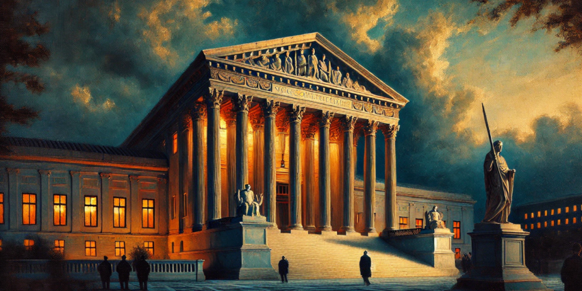 painting of the U.S. Supreme Court Building in the style of Rembrandt