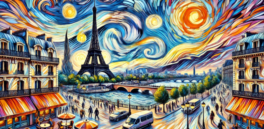 modern-day Paris in the style of Vincent van Gogh, featuring vibrant colors, dynamic brush strokes, and the iconic landmarks of the Eiffel Tower and the Seine River. The scene captures the lively atmosphere of Paris with cafes, people walking, and cars, all depicted with Van Gogh's distinctive swirling patterns and intense movement.