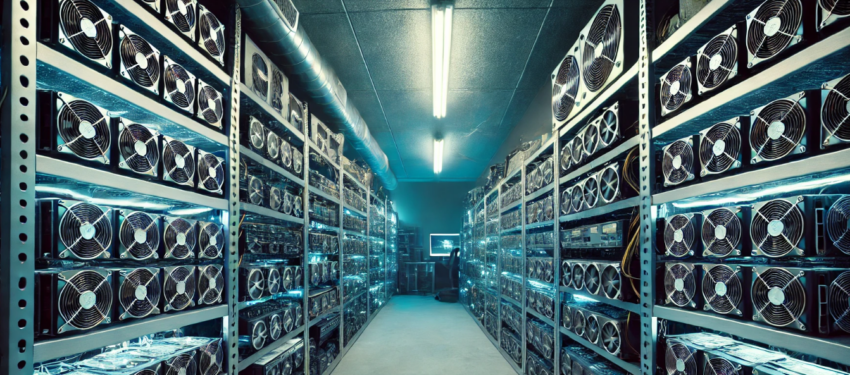 The image depicts a cold room dedicated to bitcoin mining, filled with rows of high-powered computer rigs.