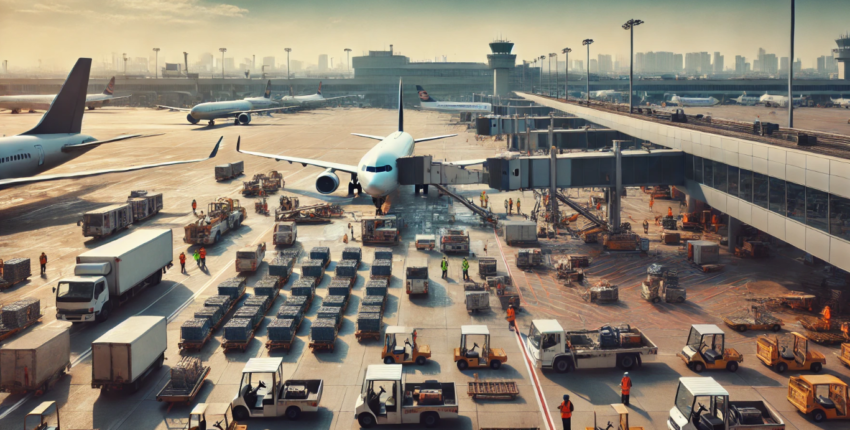 A bustling airport tarmac with multiple airplanes parked at gates, surrounded by active ground vehicles, luggage carts, and airport personnel. The terminal buildings are in the background under a clear blue sky with a few clouds.