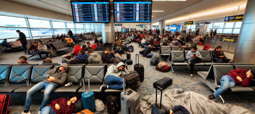 The airport terminal is a scene of weary travelers scattered throughout, trying to find comfort in the midst of a significant delay. The atmosphere is a blend of exhaustion and impatience, as people attempt to make the best of a frustrating situation. The lighting in the terminal alternates between dim and bright, casting varied shadows and highlights across the scene, adding to the sense of disarray.