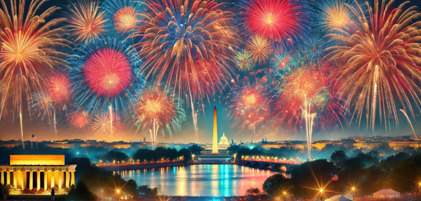 image of a vibrant fireworks display lighting up the night sky over Washington D.C. The fireworks burst in an array of colors, reflecting off the Potomac River. Silhouetted spectators watch from the National Mall, with iconic landmarks such as the Washington Monument, the U.S. Capitol, and the Lincoln Memorial visible in the skyline, creating a festive and celebratory atmosphere.