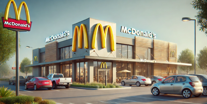 The image captures the front view of a McDonald's restaurant from its parking lot. The modern building features the iconic golden arches logo prominently displayed.