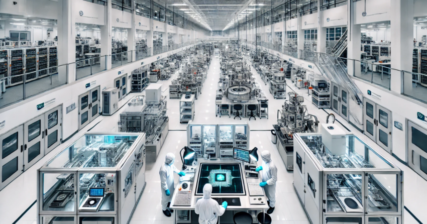 a modern microchip factory, showcasing a cleanroom environment with advanced machinery and equipment used for semiconductor manufacturing. Technicians in cleanroom suits and masks are working on various stages of the production process.