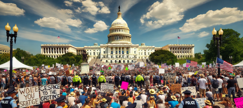 The image captures the US Capitol building in Washington, DC, with a large gathering of protesters in front. The scene is dynamic, with the iconic Capitol dome prominently in the background against a clear blue sky.