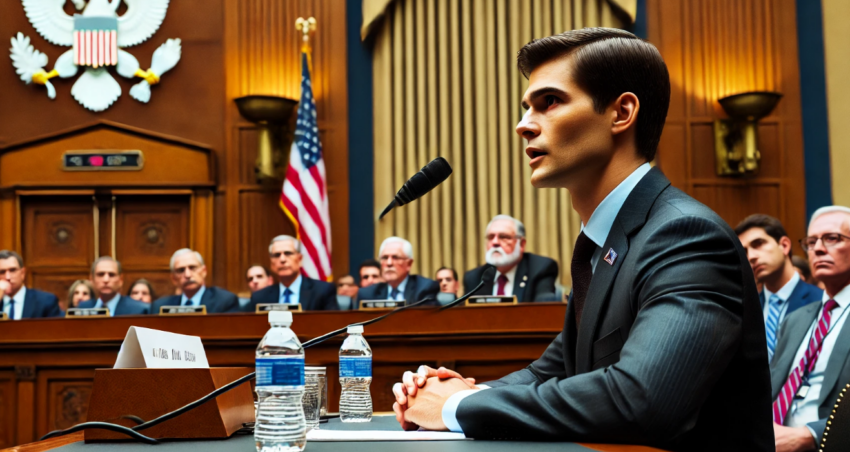 Secret Service agent speaking at a congressional committee hearing with American flag in the background.