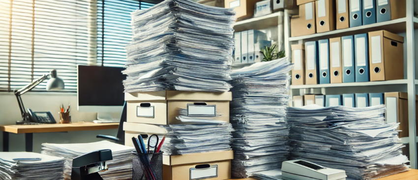 image of a desk covered with stacks of papers and document boxes, reflecting the busy atmosphere of an office handling extensive documentation.