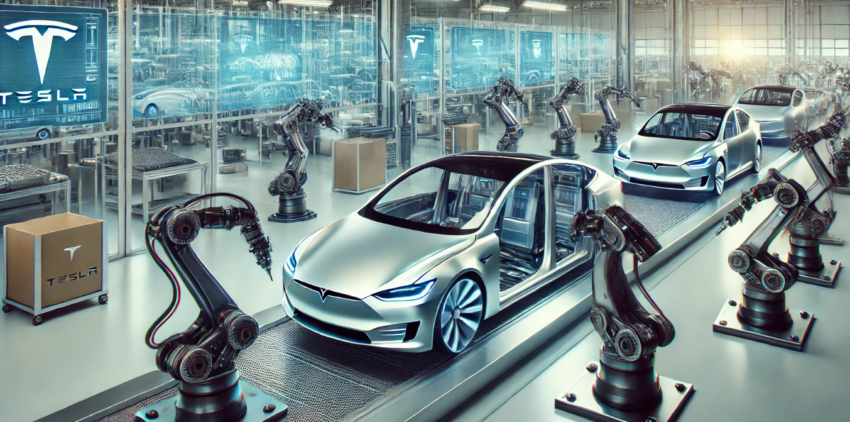 In a state-of-the-art automotive assembly line, sleek cars resembling Tesla models are being meticulously constructed by advanced robotic arms.