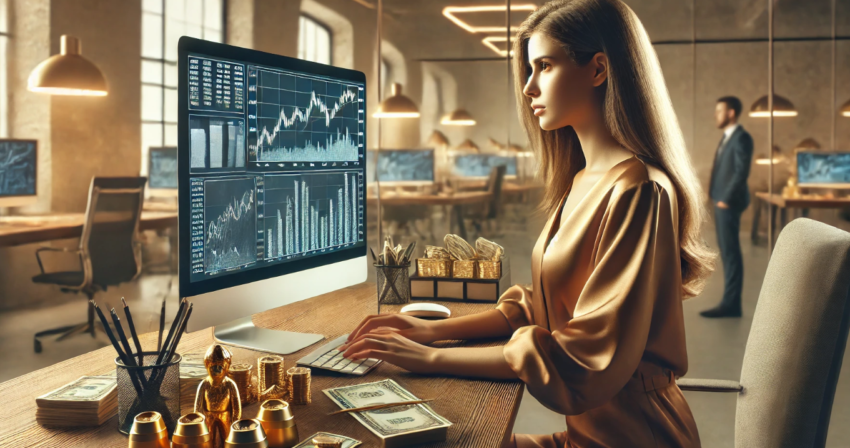 a professional woman sitting at a desk in front of a computer screen, engrossed in her work. The desk is adorned with gold coins, silver ingots, and stacks of cash, signifying financial success and wealth. The office setting is modern and well-lit, with a sophisticated atmosphere.