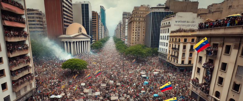 The streets of Caracas, Venezuela are engulfed in turmoil as thousands of protesters fill the avenues, holding signs and banners, and waving Venezuelan flags.